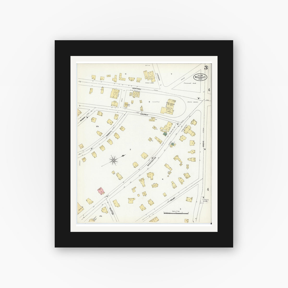 Old map wall art mockup — black gallery frame with white mat — Sanborn Fire Insurance Map from Wellesley, Norfolk County, Massachusetts (1906), Sheet #0003
