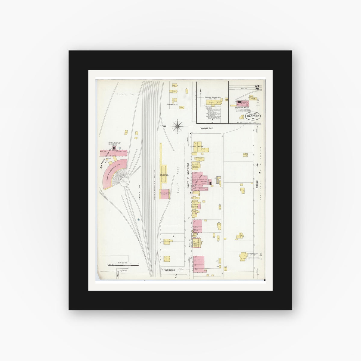 Old map wall art mockup — black gallery frame with white mat — Sanborn Fire Insurance Map from Radford, Independent Cities, Virginia (1908), Sheet #0002