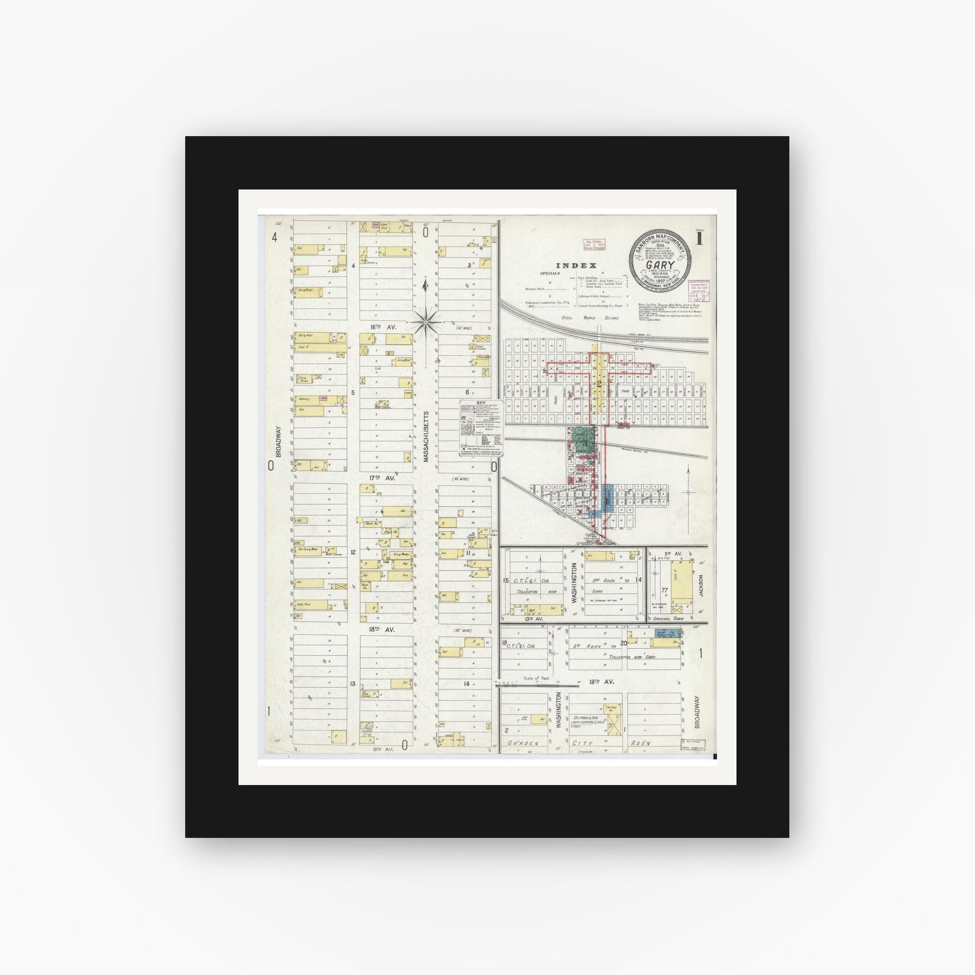 Old map wall art mockup — black gallery frame with white mat — Sanborn Fire Insurance Map from Gary, Lake County, Indiana (1907), Sheet #0001