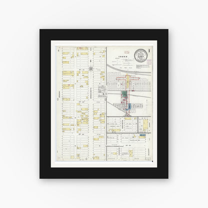 Old map wall art mockup — black gallery frame with white mat — Sanborn Fire Insurance Map from Gary, Lake County, Indiana (1907), Sheet #0001