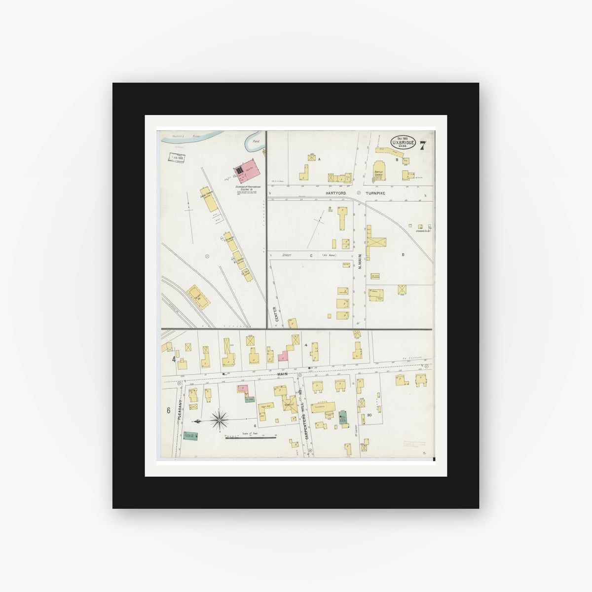 Old map wall art mockup — black gallery frame with white mat — Sanborn Fire Insurance Map from Uxbridge, Worcester County, Massachusetts (1903), Sheet #0007