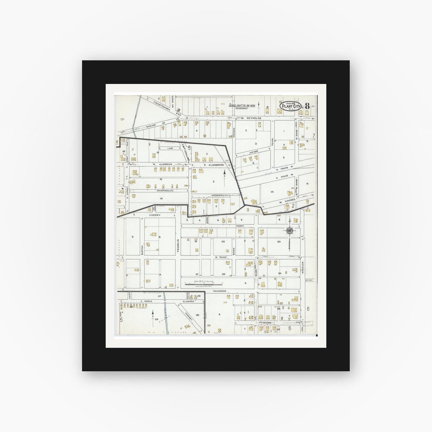 Old map wall art mockup — black gallery frame with white mat — Sanborn Fire Insurance Map from Plant City, Hillborough County, Florida (1919), Sheet #0008