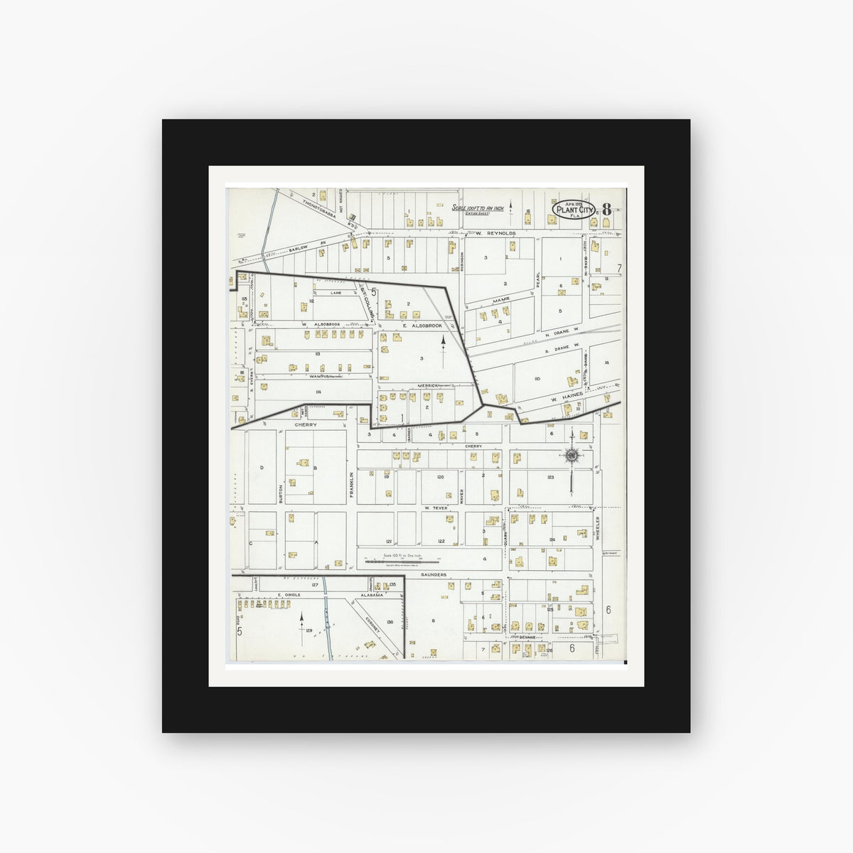 Old map wall art mockup — black gallery frame with white mat — Sanborn Fire Insurance Map from Plant City, Hillborough County, Florida (1919), Sheet #0008