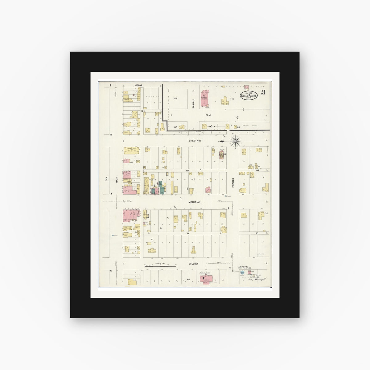 Old map wall art mockup — black gallery frame with white mat — Sanborn Fire Insurance Map from Belle Plaine, Scott County, Minnesota (1909), Sheet #0003