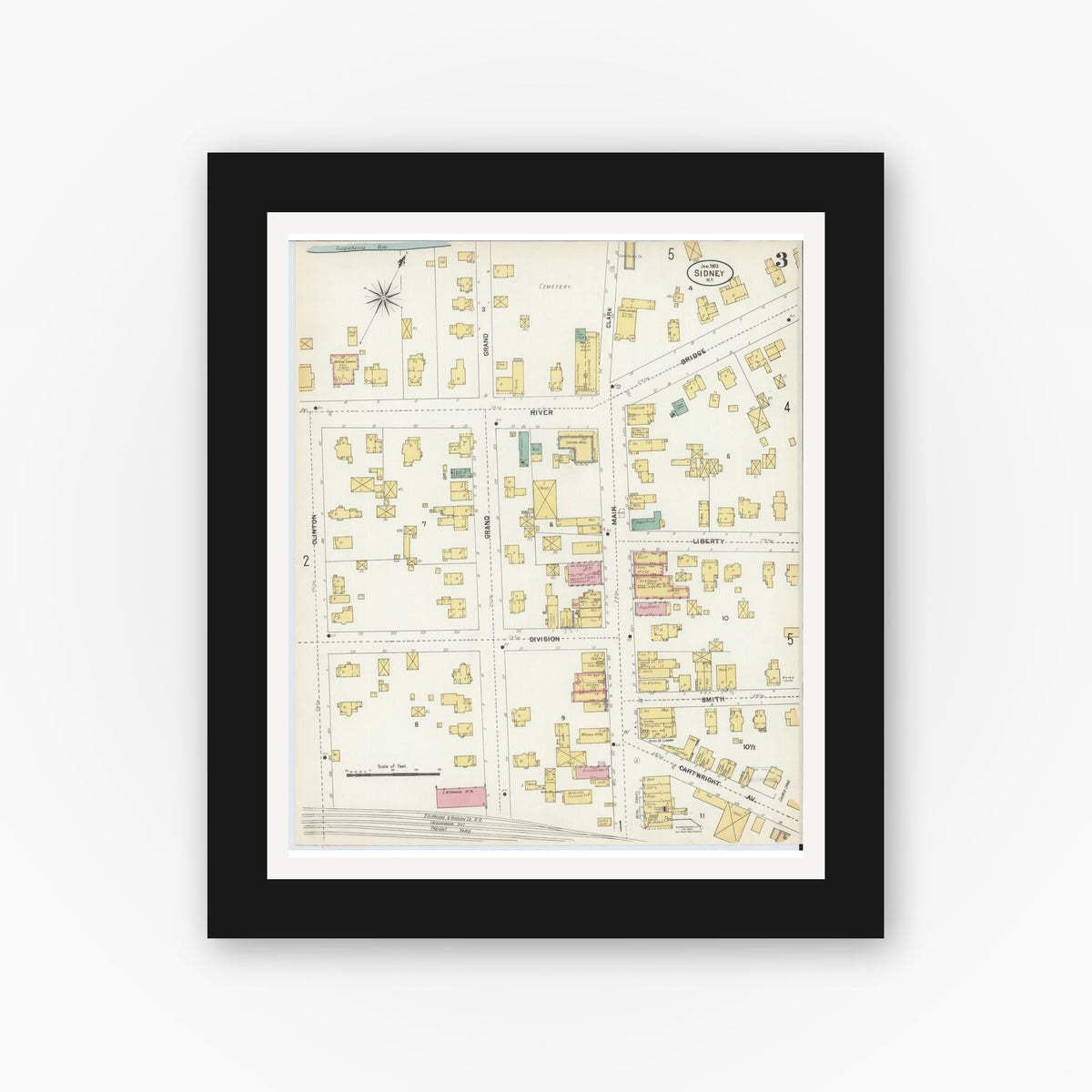 Old map wall art mockup — black gallery frame with white mat — Sanborn Fire Insurance Map from Sidney, Delaware County, New York (1903), Sheet #0003
