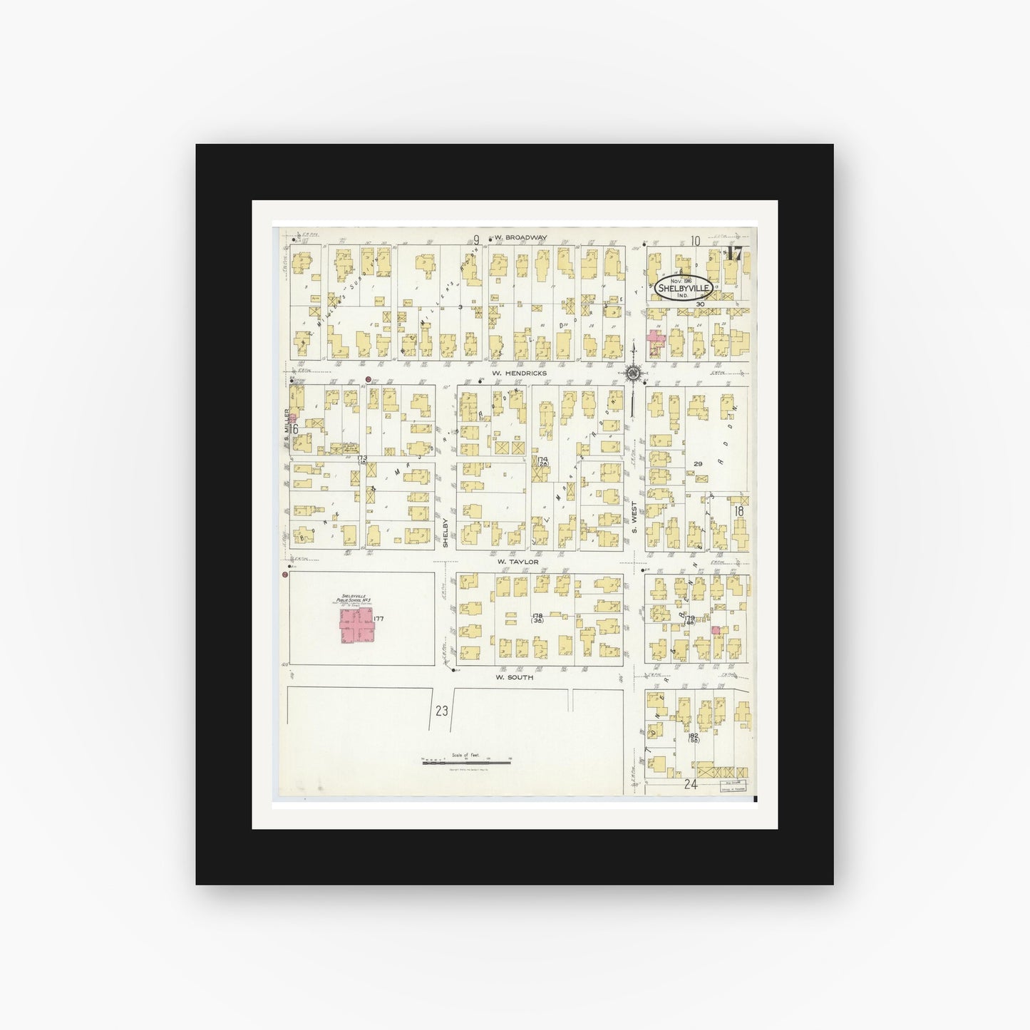Old map wall art mockup — black gallery frame with white mat — Sanborn Fire Insurance Map from Shelbyville, Shelby County, Indiana (1916), Sheet #0017