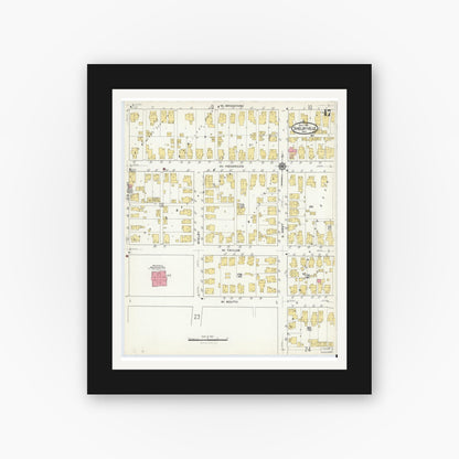Old map wall art mockup — black gallery frame with white mat — Sanborn Fire Insurance Map from Shelbyville, Shelby County, Indiana (1916), Sheet #0017