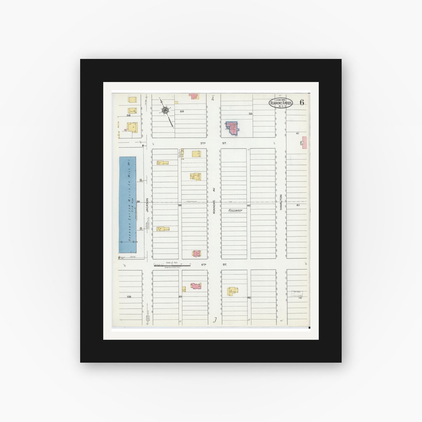 Old map wall art mockup — black gallery frame with white mat — Sanborn Fire Insurance Map from Roanoke Rapids, Halifax County, North Carolina (1919), Sheet #0006
