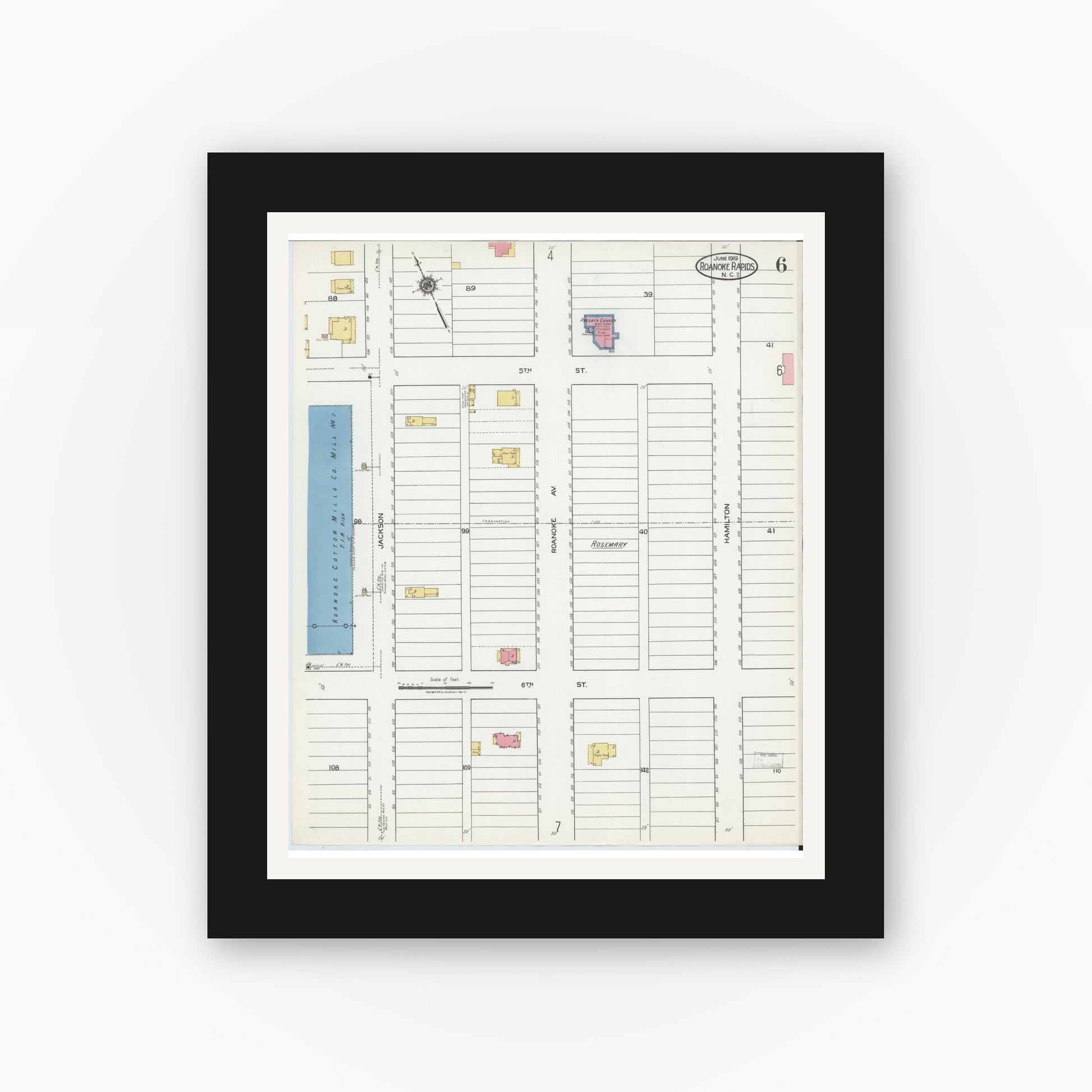 Old map wall art mockup — black gallery frame with white mat — Sanborn Fire Insurance Map from Roanoke Rapids, Halifax County, North Carolina (1919), Sheet #0006