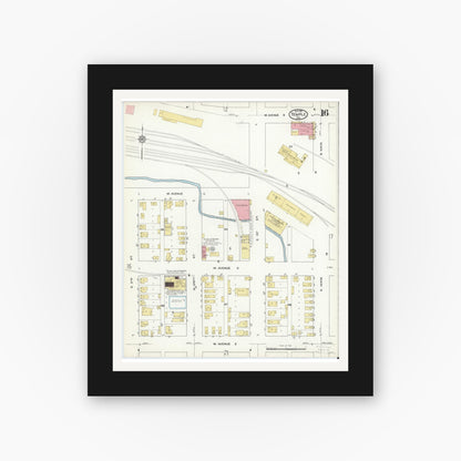 Old map wall art mockup — black gallery frame with white mat — Sanborn Fire Insurance Map from Temple, Bell County, Texas (1915), Sheet #0016