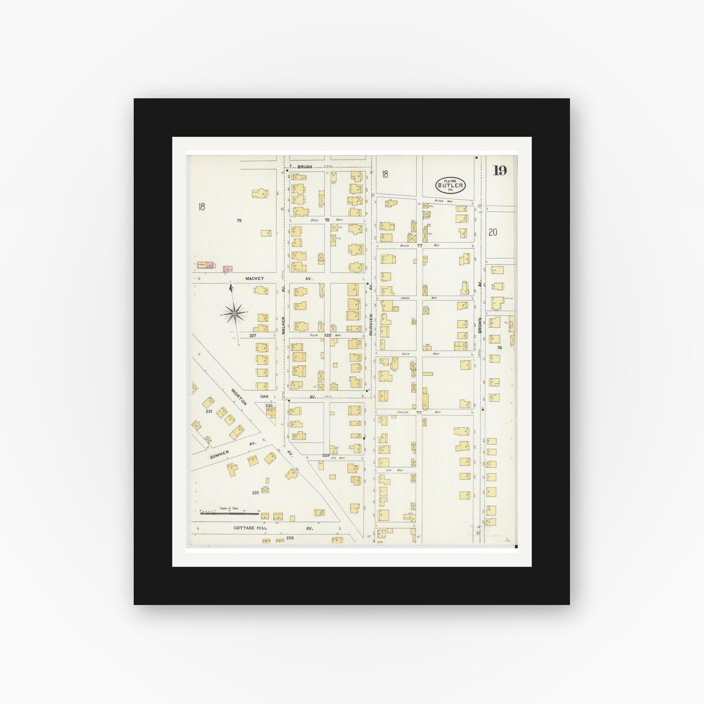Old map wall art mockup — black gallery frame with white mat — Sanborn Fire Insurance Map from Butler, Butler County, Pennsylvania (1906), Sheet #0019