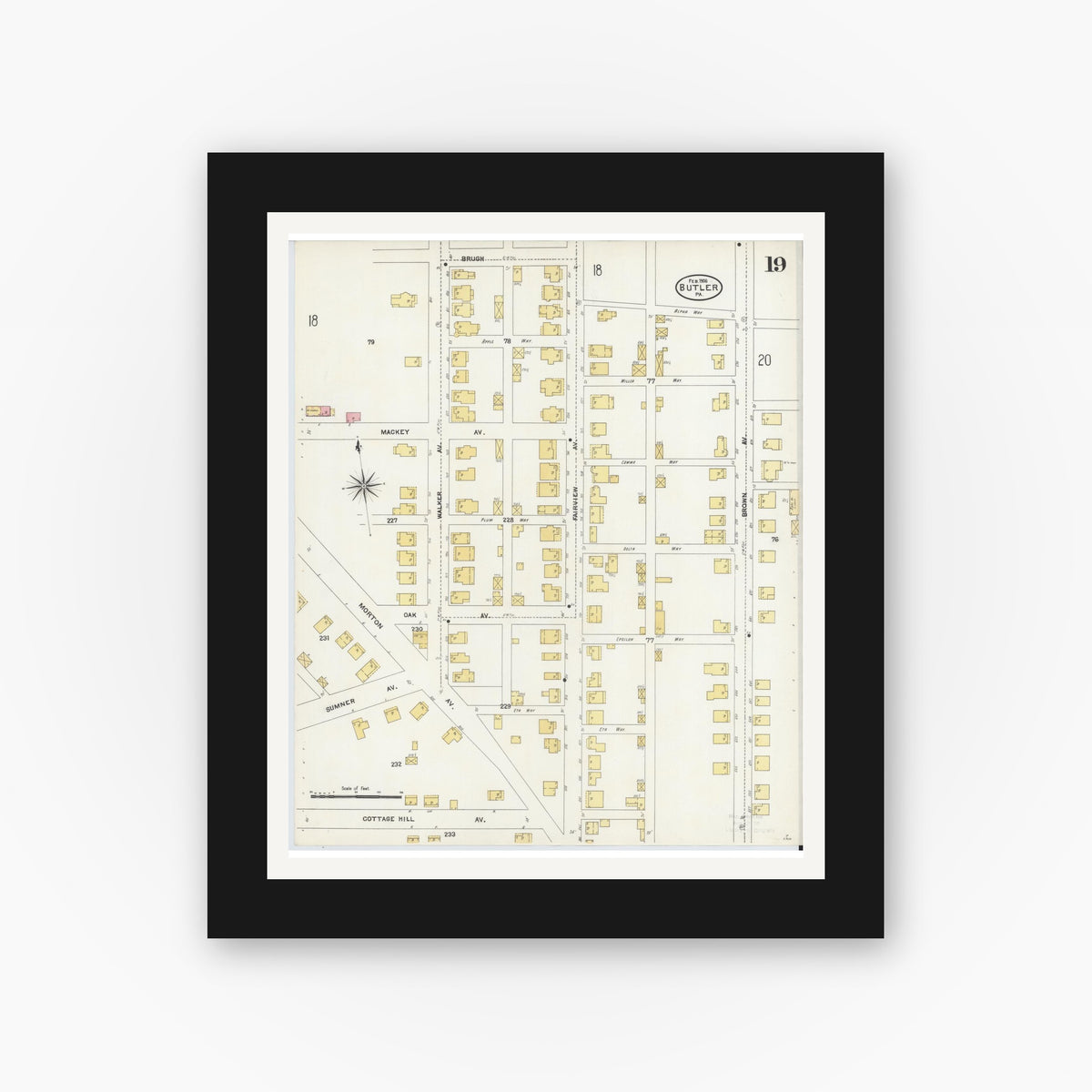 Old map wall art mockup — black gallery frame with white mat — Sanborn Fire Insurance Map from Butler, Butler County, Pennsylvania (1906), Sheet #0019