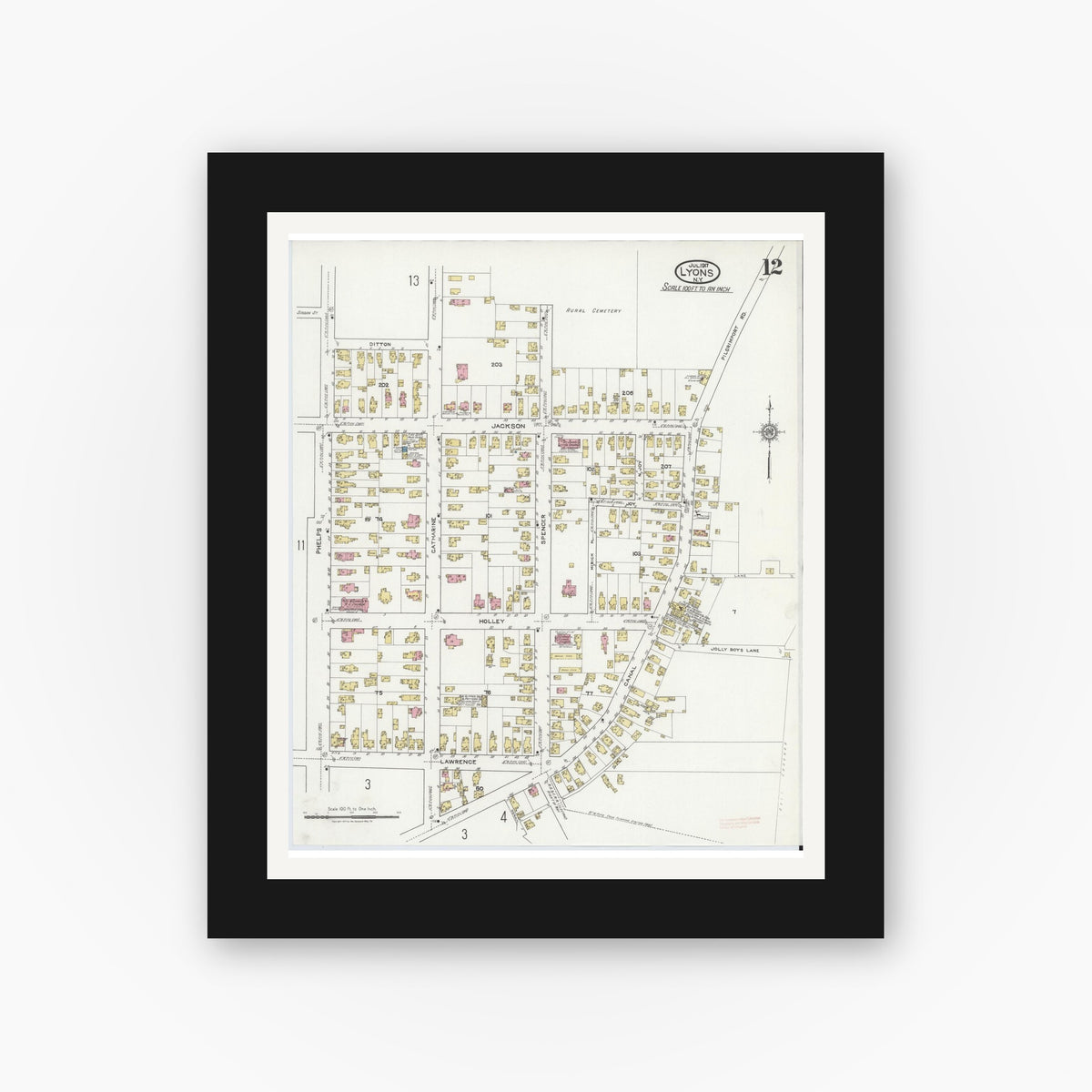 Old map wall art mockup — black gallery frame with white mat — Sanborn Fire Insurance Map from Lyons, Wayne County, New York (1917), Sheet #0012