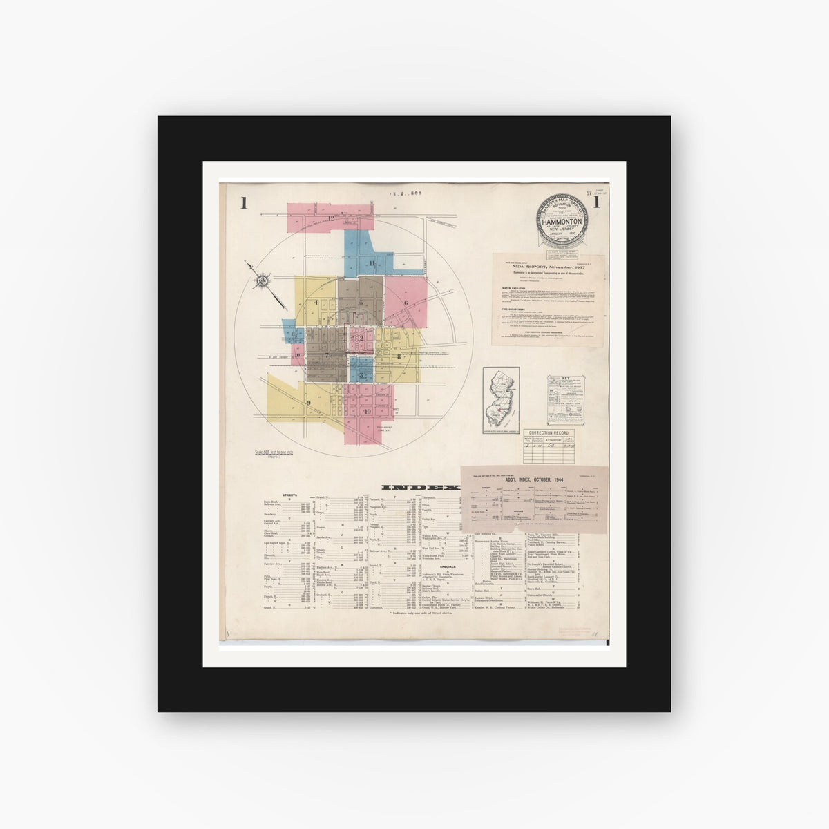 Old map wall art mockup — black gallery frame with white mat — Sanborn Fire Insurance Map from Hammonton, Atlantic County, New Jersey (1944), Sheet #0001