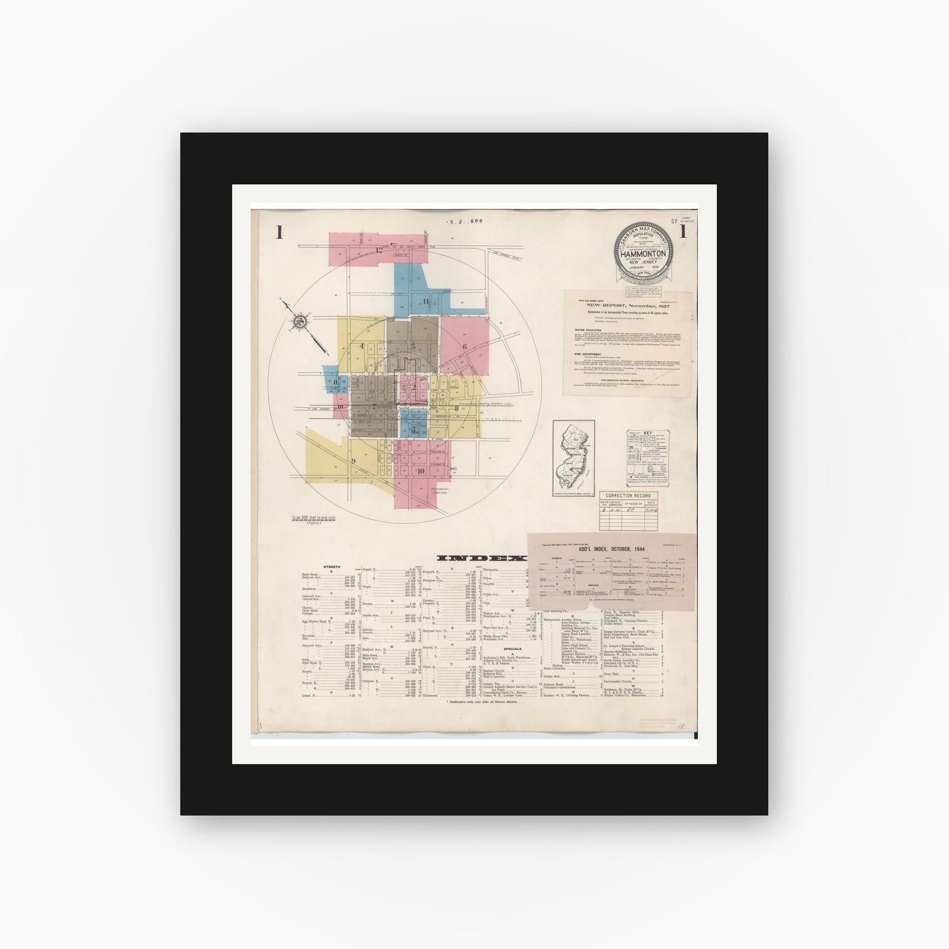 Old map wall art mockup — black gallery frame with white mat — Sanborn Fire Insurance Map from Hammonton, Atlantic County, New Jersey (1944), Sheet #0001