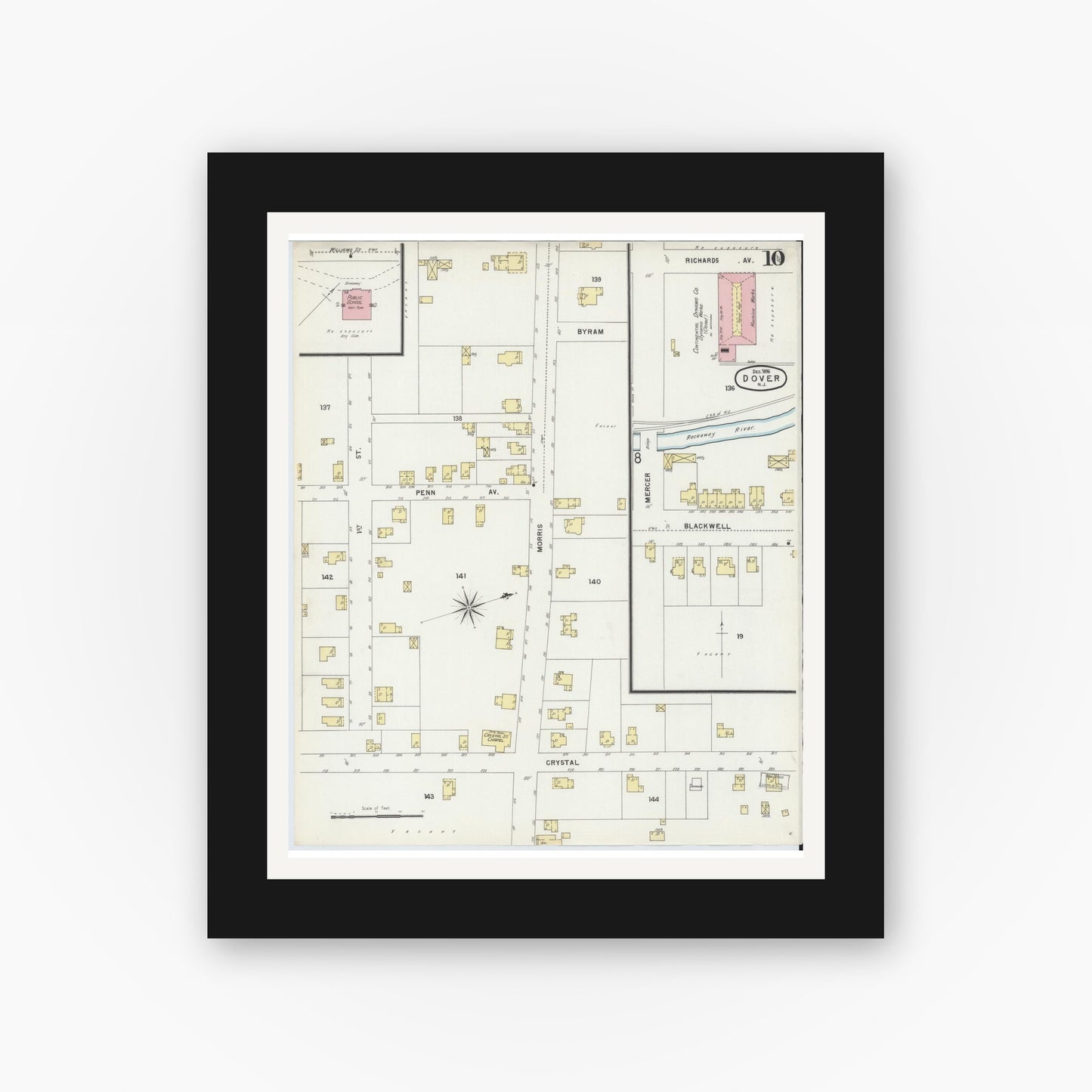 Old map wall art mockup — black gallery frame with white mat — Sanborn Fire Insurance Map from Dover, Morris County, New Jersey (1896), Sheet #0010