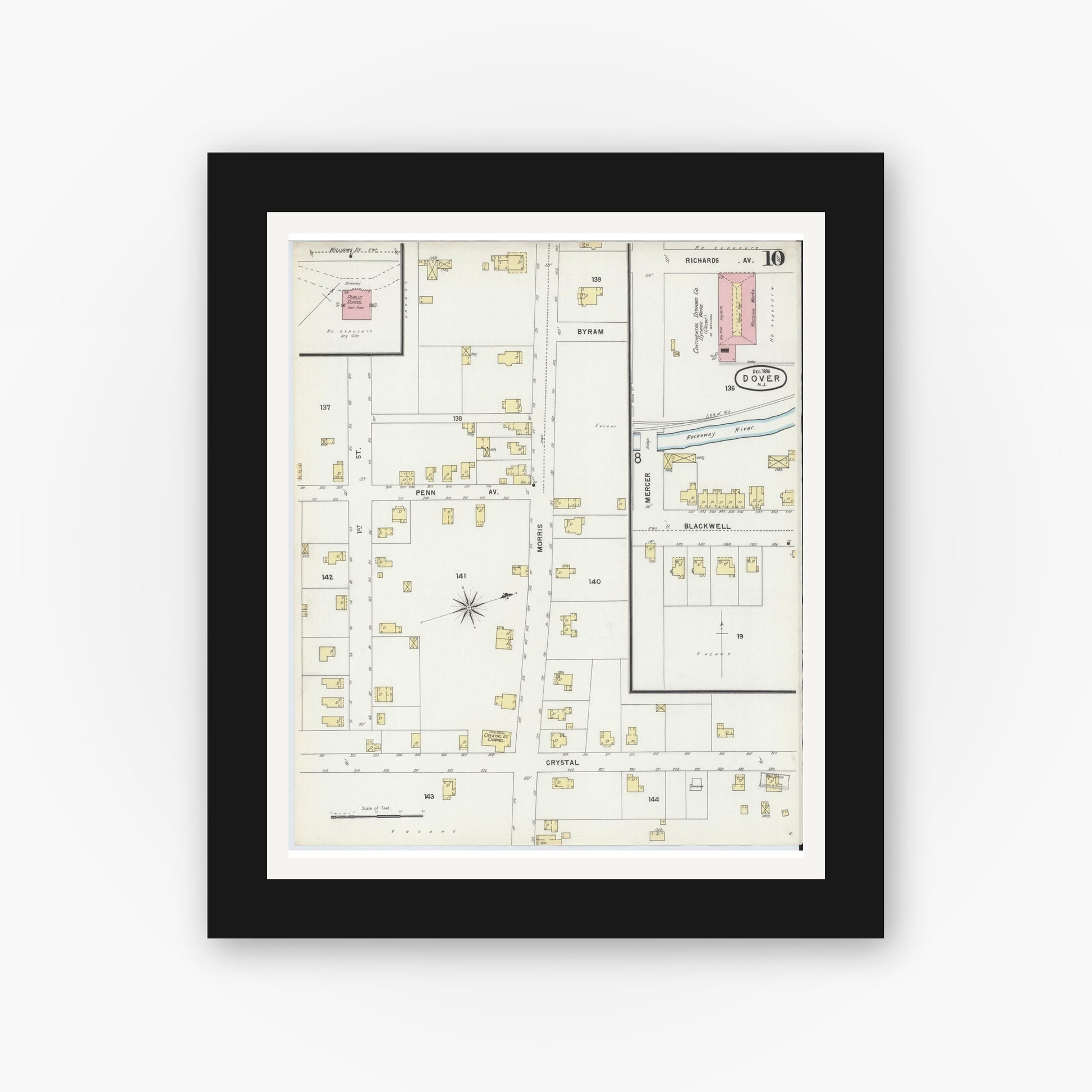 Old map wall art mockup — black gallery frame with white mat — Sanborn Fire Insurance Map from Dover, Morris County, New Jersey (1896), Sheet #0010