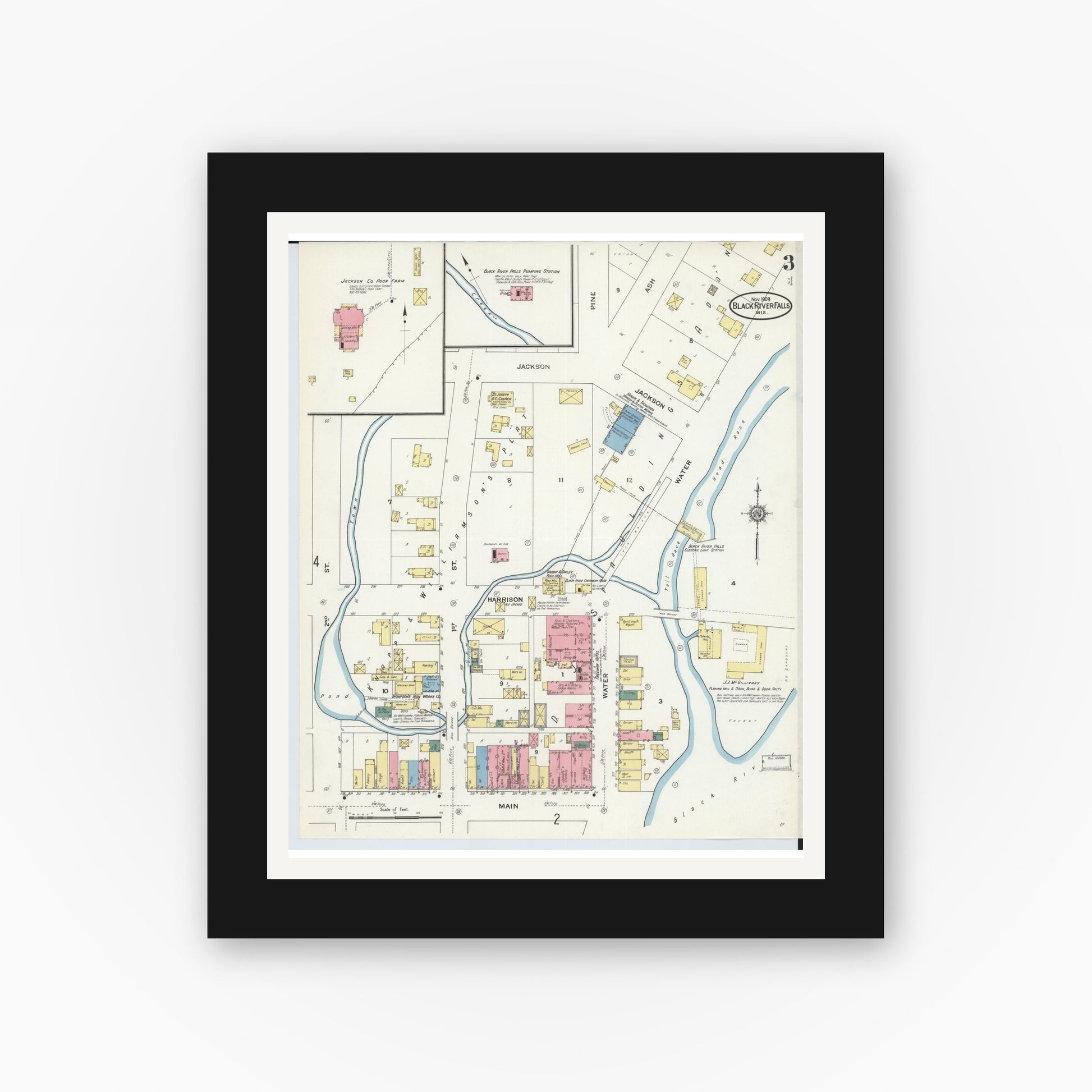Old map wall art mockup — black gallery frame with white mat — Sanborn Fire Insurance Map from Black River Falls, Jackson County, Wisconsin (1909), Sheet #0003
