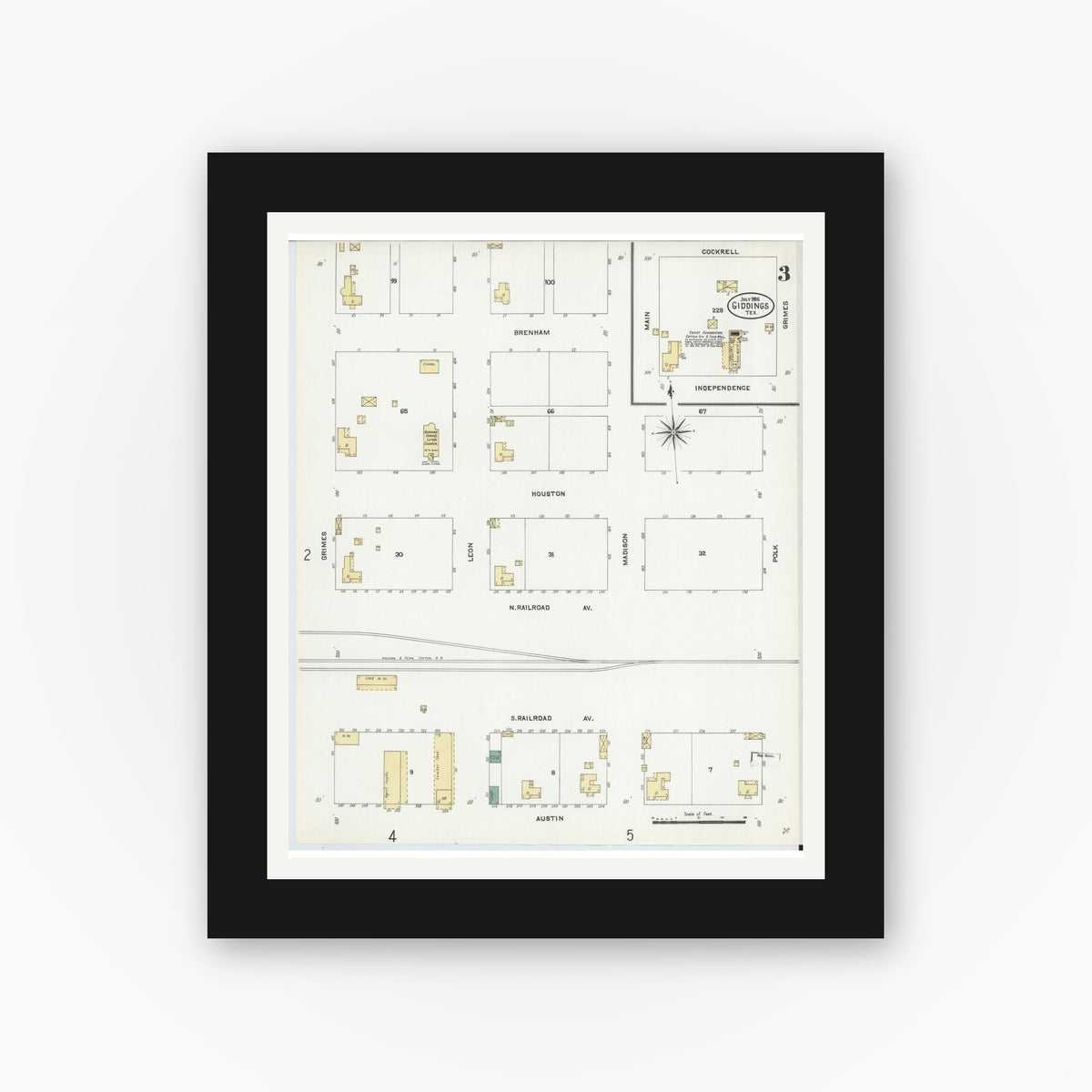 Old map wall art mockup — black gallery frame with white mat — Sanborn Fire Insurance Map from Giddings, Lee County, Texas (1906), Sheet #0003