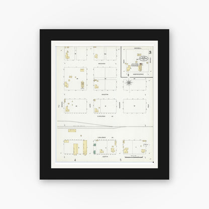 Old map wall art mockup — black gallery frame with white mat — Sanborn Fire Insurance Map from Giddings, Lee County, Texas (1906), Sheet #0003