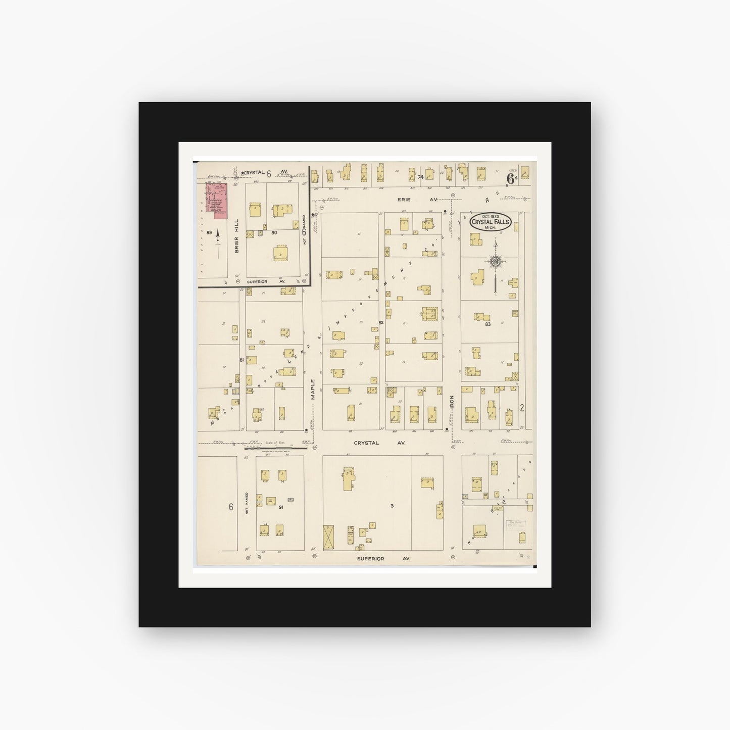 Old map wall art mockup — black gallery frame with white mat — Sanborn Fire Insurance Map from Crystal Falls, Iron County, Michigan (1922), Sheet #0006