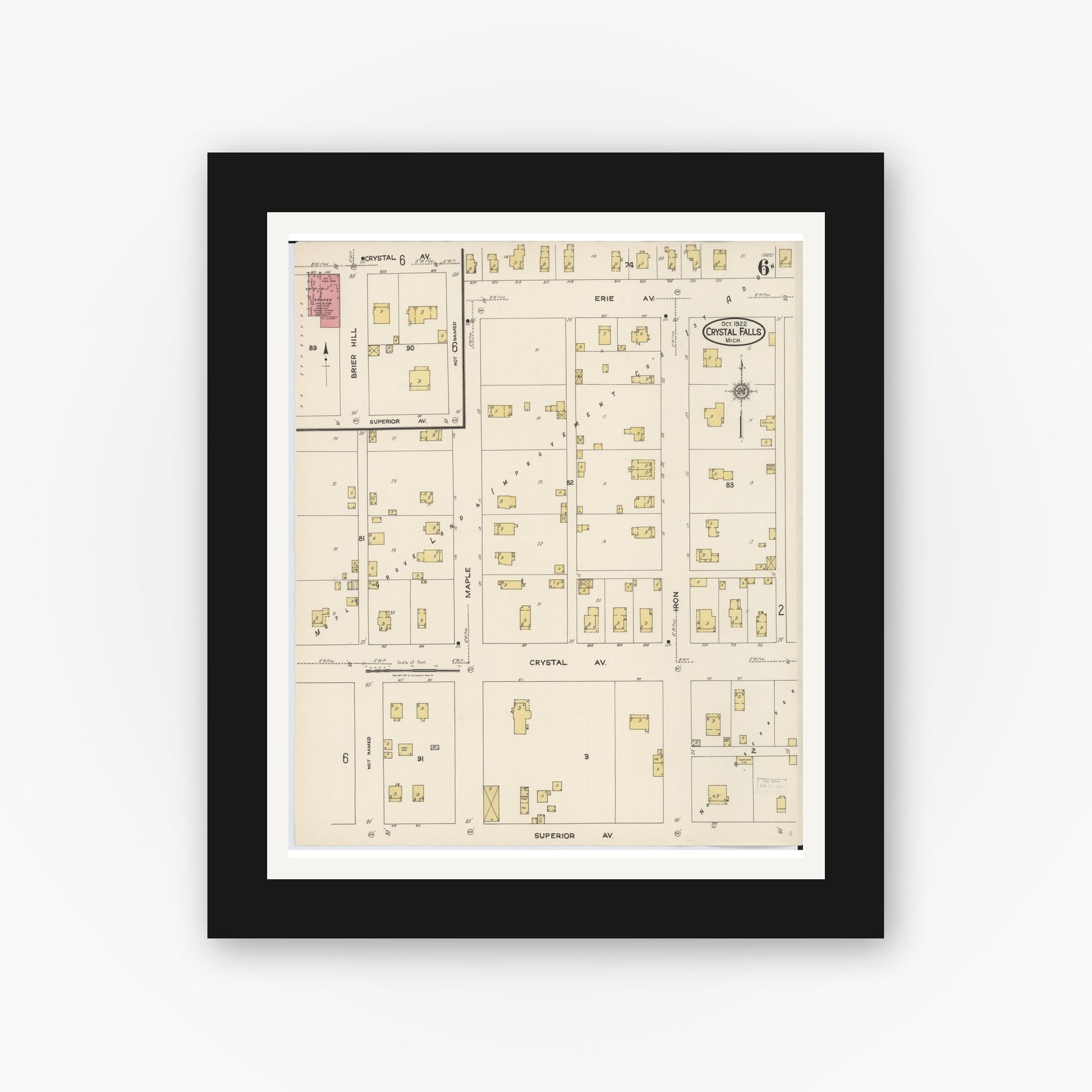 Old map wall art mockup — black gallery frame with white mat — Sanborn Fire Insurance Map from Crystal Falls, Iron County, Michigan (1922), Sheet #0006