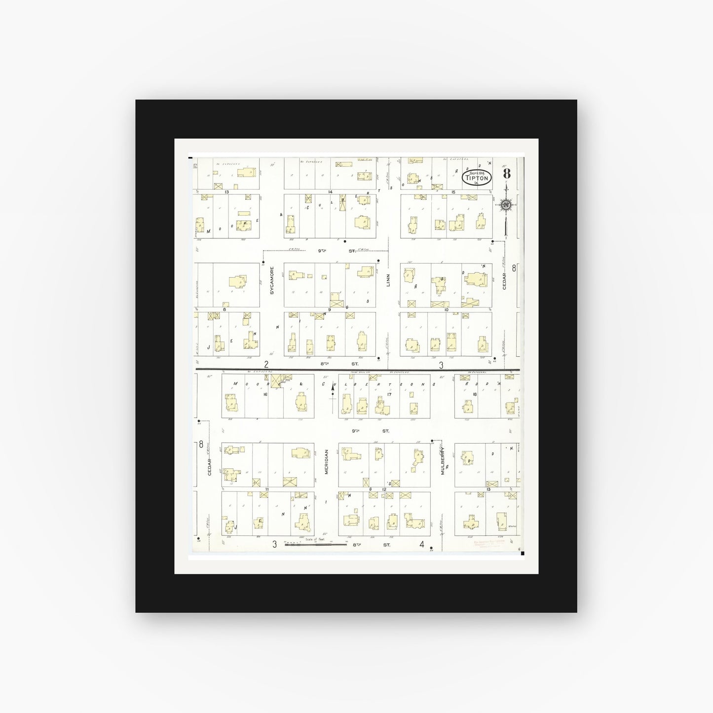 Old map wall art mockup — black gallery frame with white mat — Sanborn Fire Insurance Map from Tipton, Cedar County, Iowa (1914), Sheet #0008