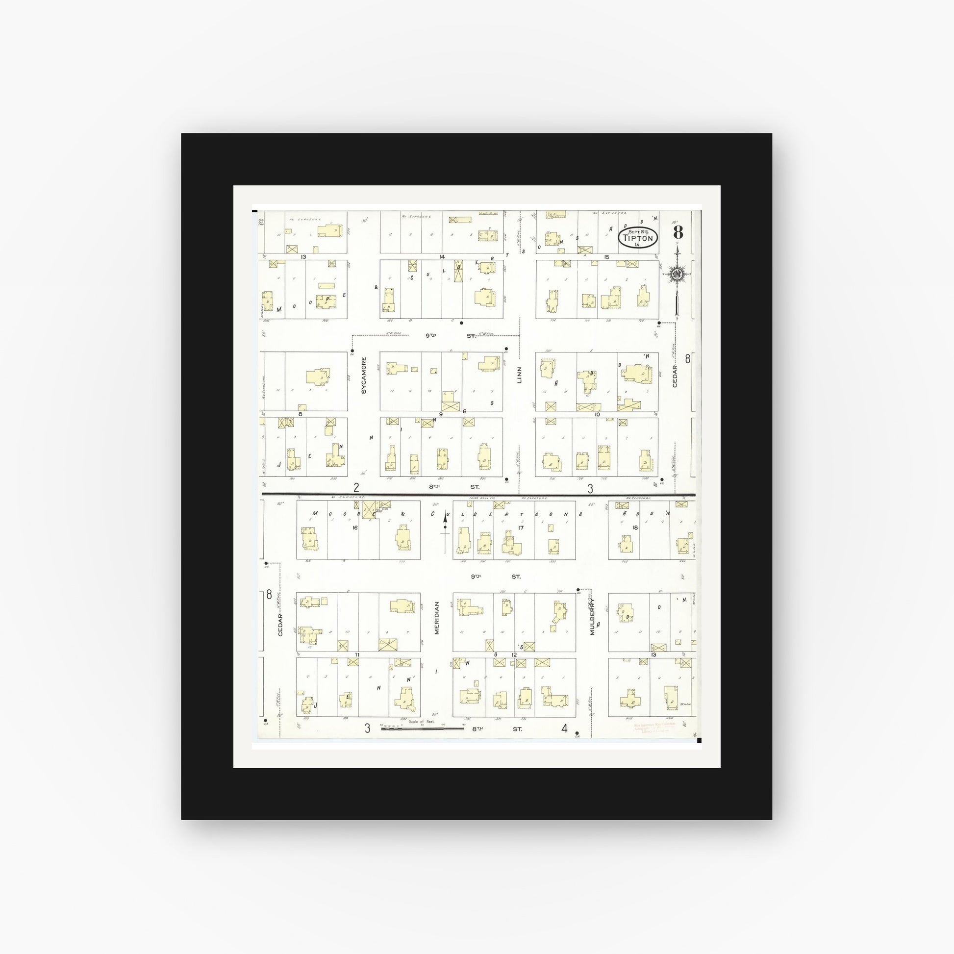 Old map wall art mockup — black gallery frame with white mat — Sanborn Fire Insurance Map from Tipton, Cedar County, Iowa (1914), Sheet #0008