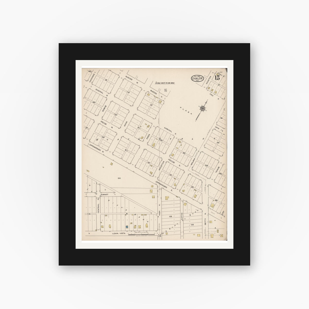 Old map wall art mockup — black gallery frame with white mat — Sanborn Fire Insurance Map from Uvalde, Uvalde County, Texas (1922), Sheet #0015