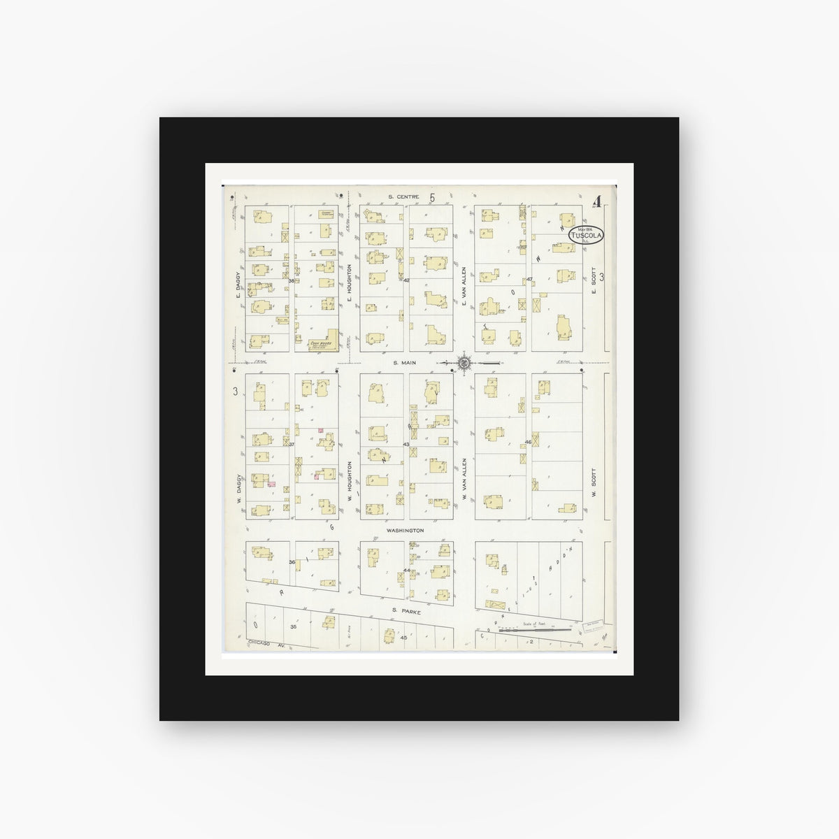 Old map wall art mockup — black gallery frame with white mat — Sanborn Fire Insurance Map from Tuscola, Douglas County, Illinois (1914), Sheet #0004