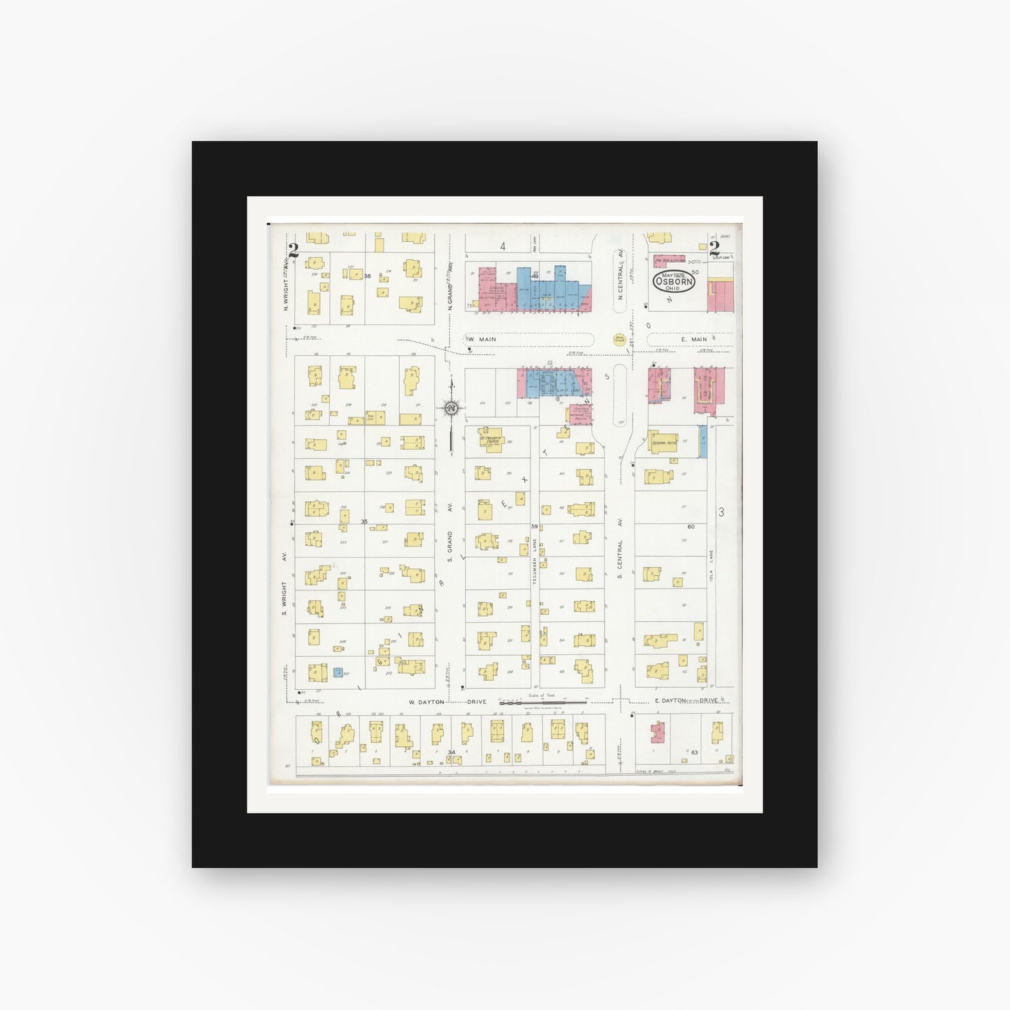 Old map wall art mockup — black gallery frame with white mat — Sanborn Fire Insurance Map from Osborn, Greene County, Ohio (1929), Sheet #0002