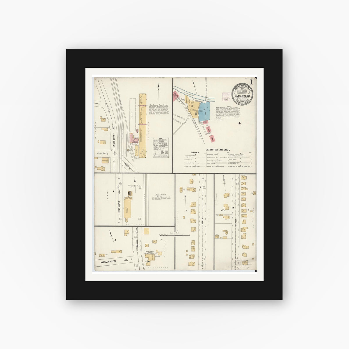 Old map wall art mockup — black gallery frame with white mat — Sanborn Fire Insurance Map from Hallstead, Susquehanna County, Pennsylvania (1904) - Complete Map Set