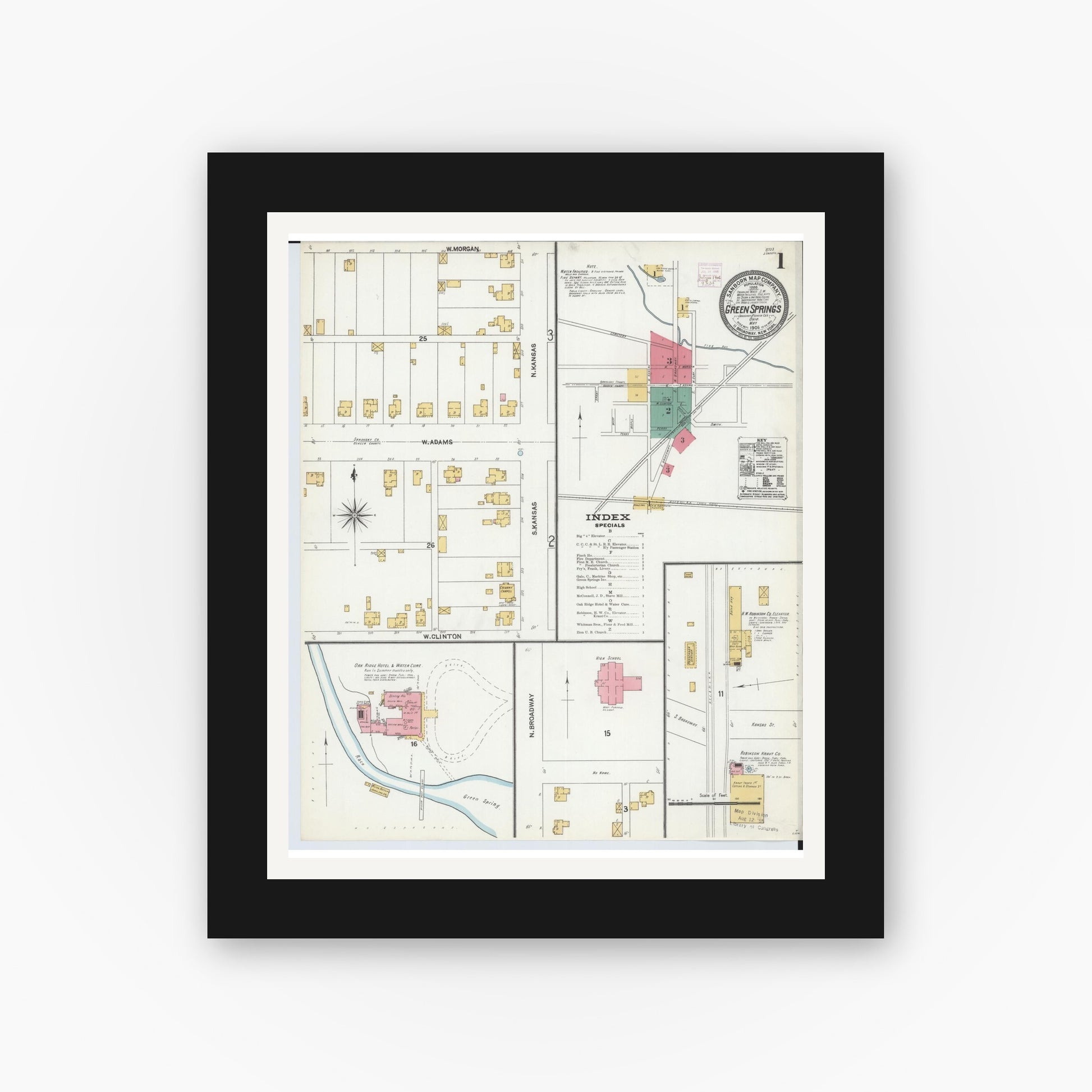Old map wall art mockup — black gallery frame with white mat — Sanborn Fire Insurance Map from Green Springs, Sandusky And Seneca Counties, Ohio (1906) - Complete Map Set