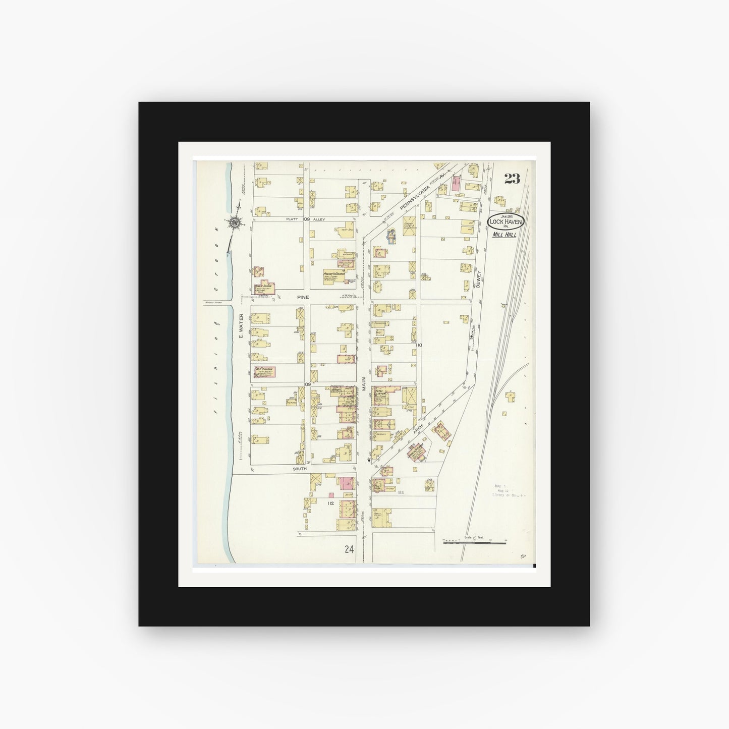 Old map wall art mockup — black gallery frame with white mat — Sanborn Fire Insurance Map from Lock Haven, Clinton County, Pennsylvania (1914), Sheet #0023