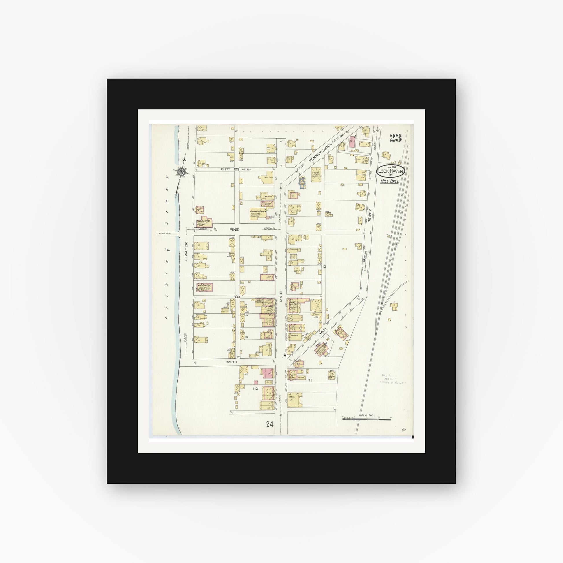 Old map wall art mockup — black gallery frame with white mat — Sanborn Fire Insurance Map from Lock Haven, Clinton County, Pennsylvania (1914), Sheet #0023