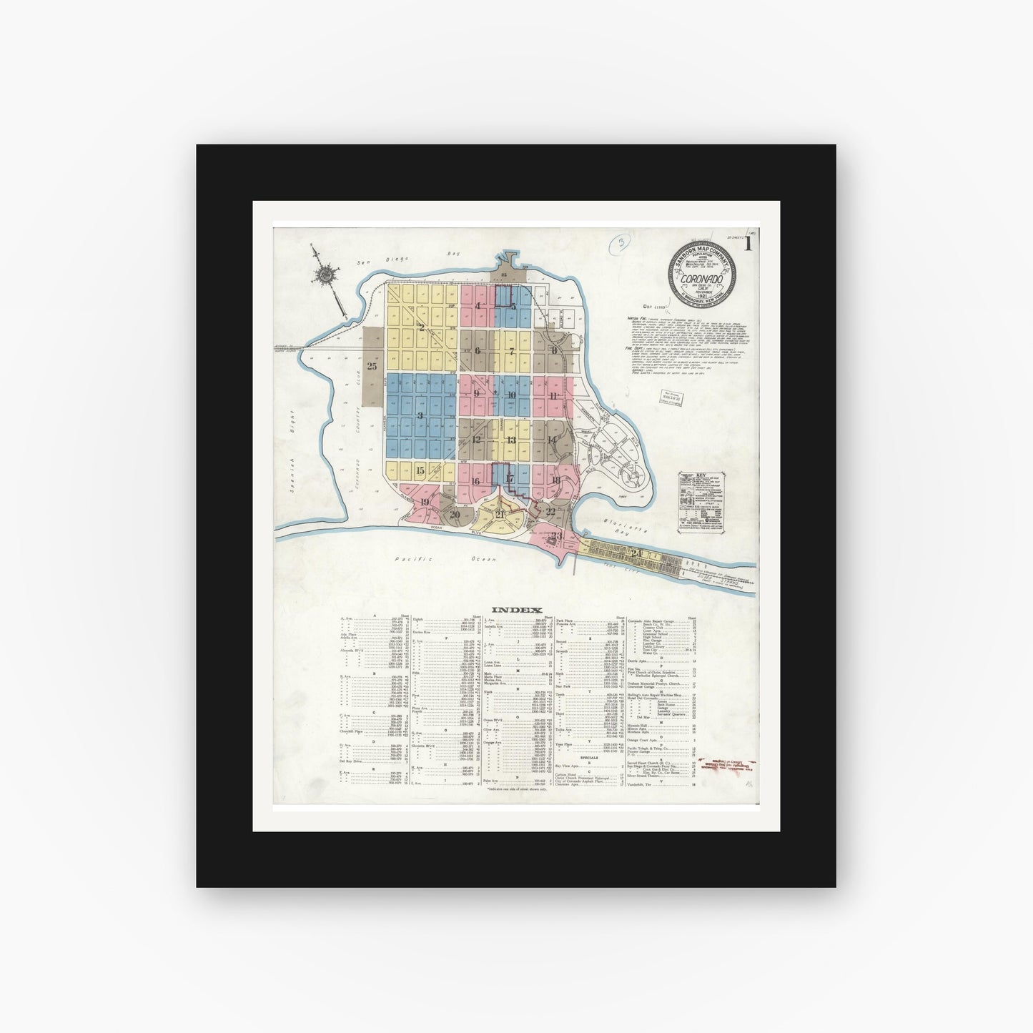 Old map wall art mockup — black gallery frame with white mat — Sanborn Fire Insurance Map from Coronado, San Diego County, California (1921) - Complete Map Set