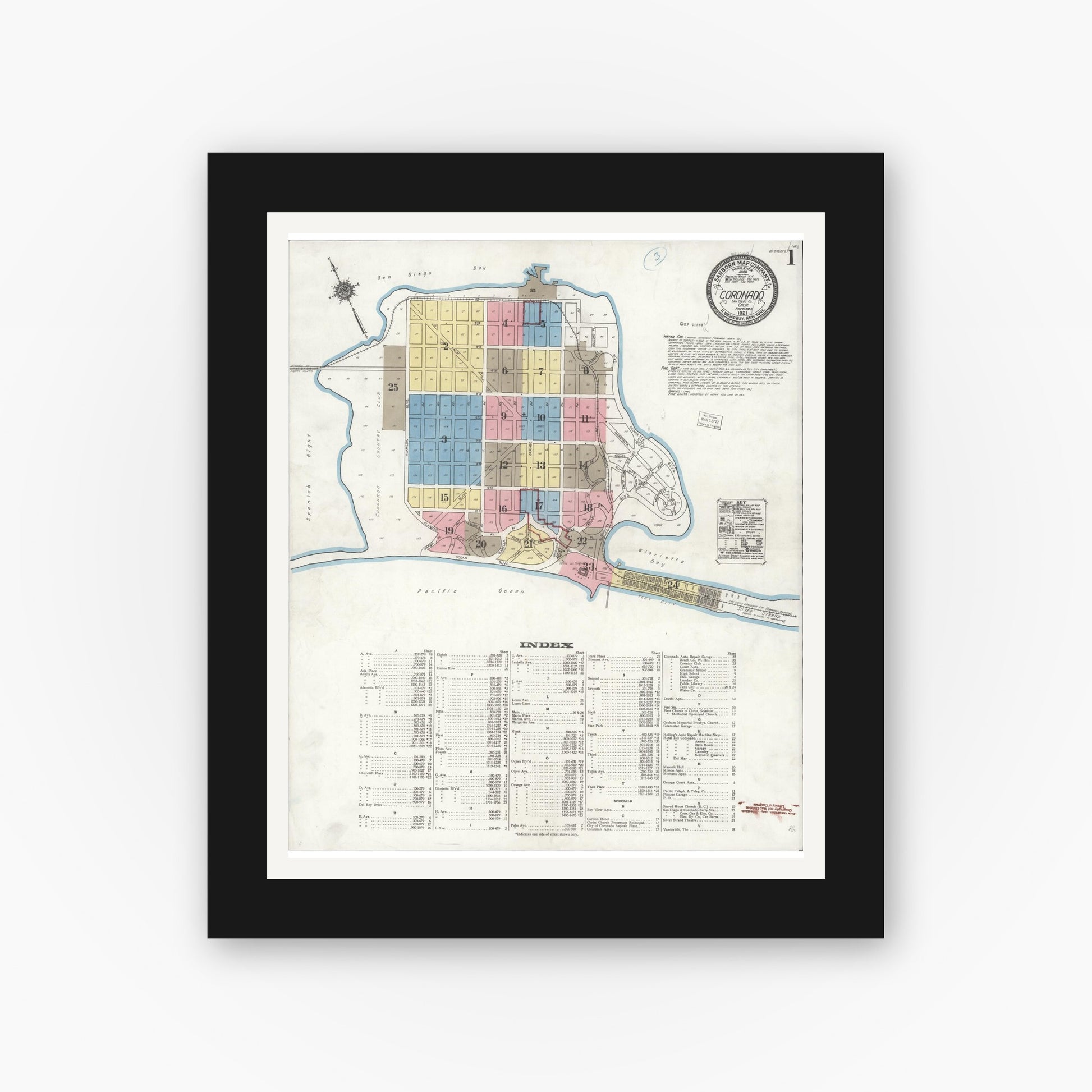 Old map wall art mockup — black gallery frame with white mat — Sanborn Fire Insurance Map from Coronado, San Diego County, California (1921) - Complete Map Set