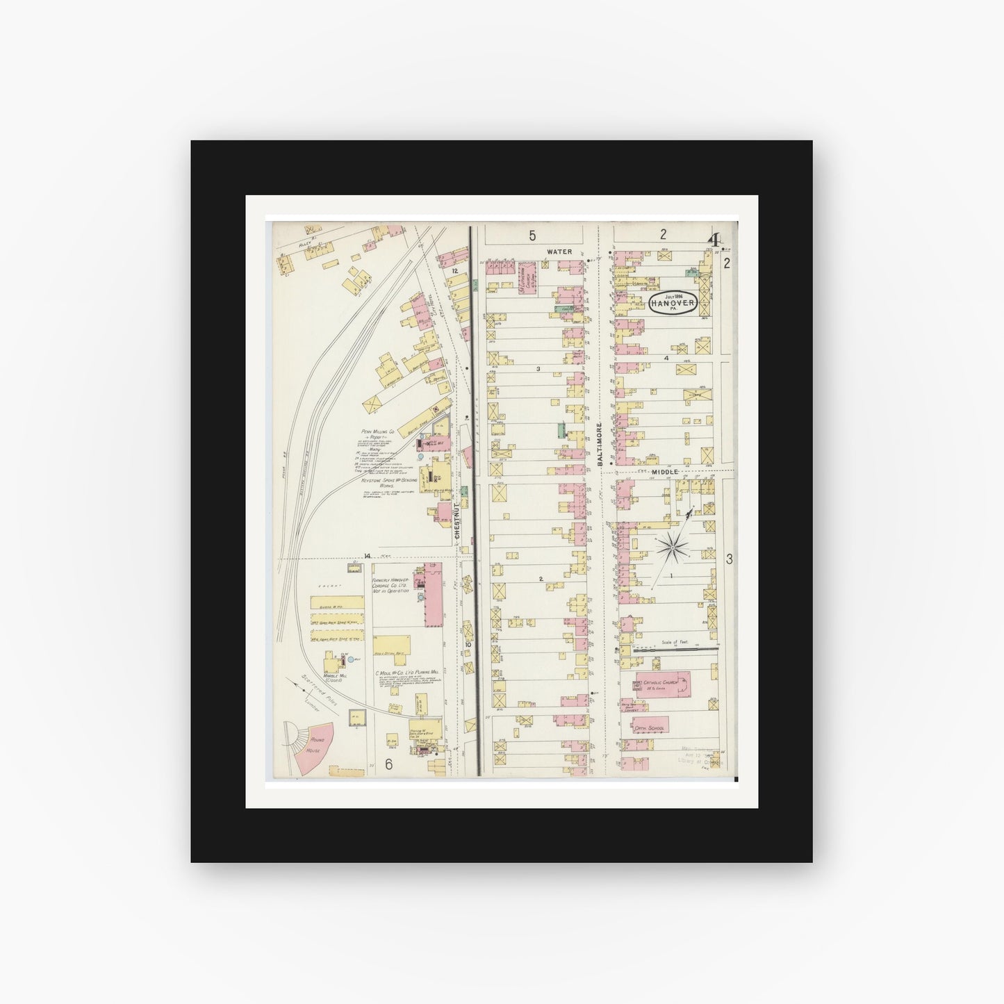 Old map wall art mockup — black gallery frame with white mat — Sanborn Fire Insurance Map from Hanover, York County, Pennsylvania (1896), Sheet #0004
