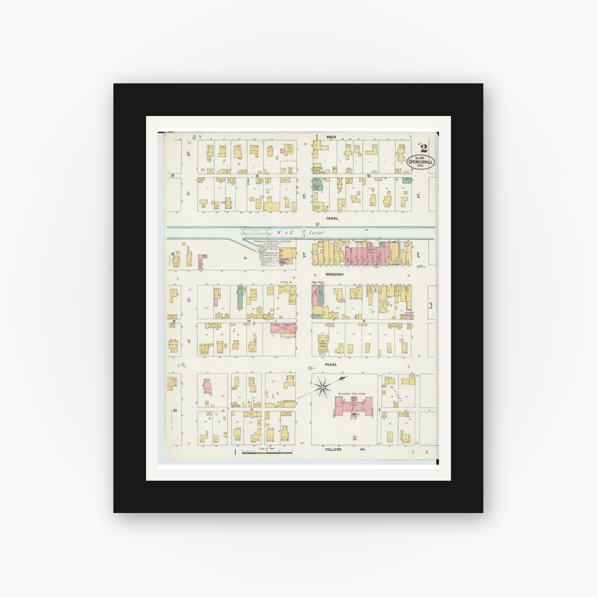 Old map wall art mockup — black gallery frame with white mat — Sanborn Fire Insurance Map from Spencerville, Allen County, Ohio (1902), Sheet #0002