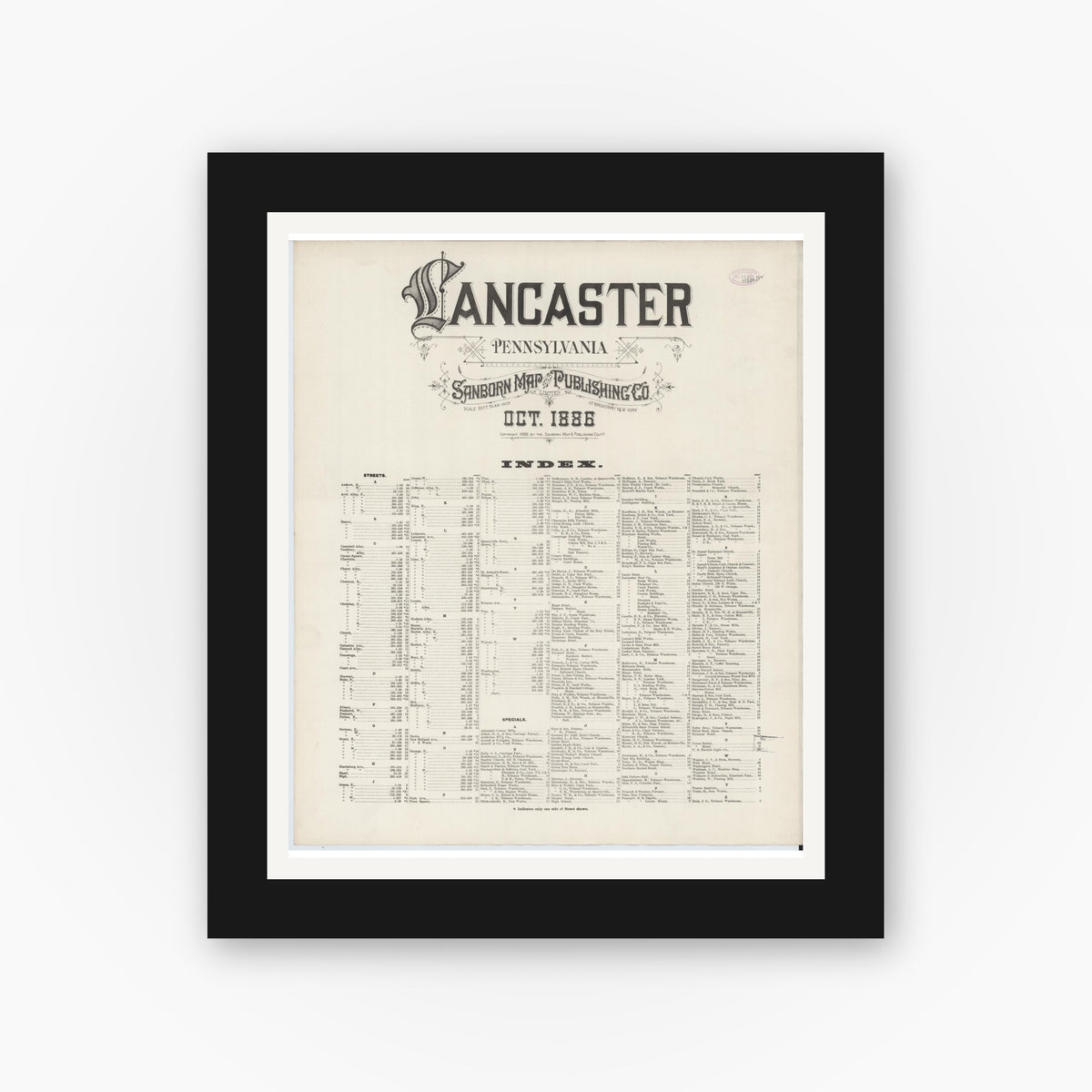 Old map wall art mockup — black gallery frame with white mat — Sanborn Fire Insurance Map from Lancaster, Lancaster County, Pennsylvania (1888), Sheet #0001