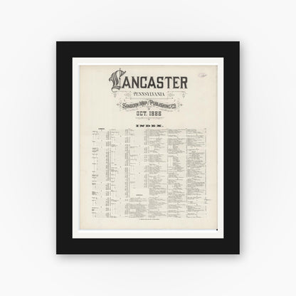 Old map wall art mockup — black gallery frame with white mat — Sanborn Fire Insurance Map from Lancaster, Lancaster County, Pennsylvania (1888), Sheet #0001