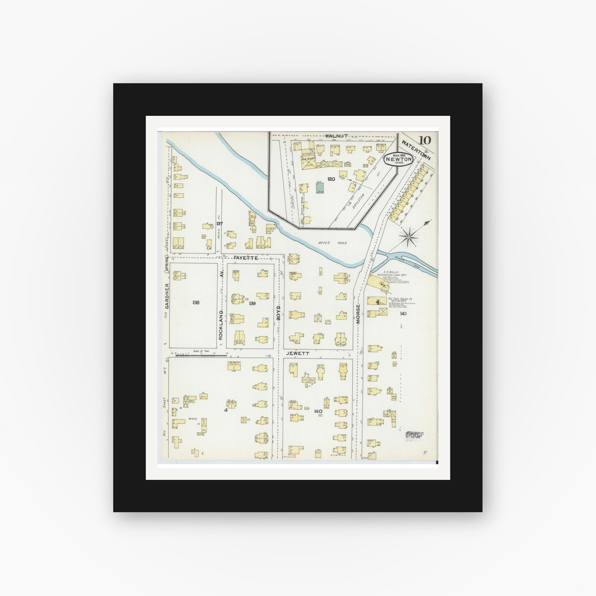 Old map wall art mockup — black gallery frame with white mat — Sanborn Fire Insurance Map from Newton, Middlesex County, Massachusetts (1892), Sheet #0010