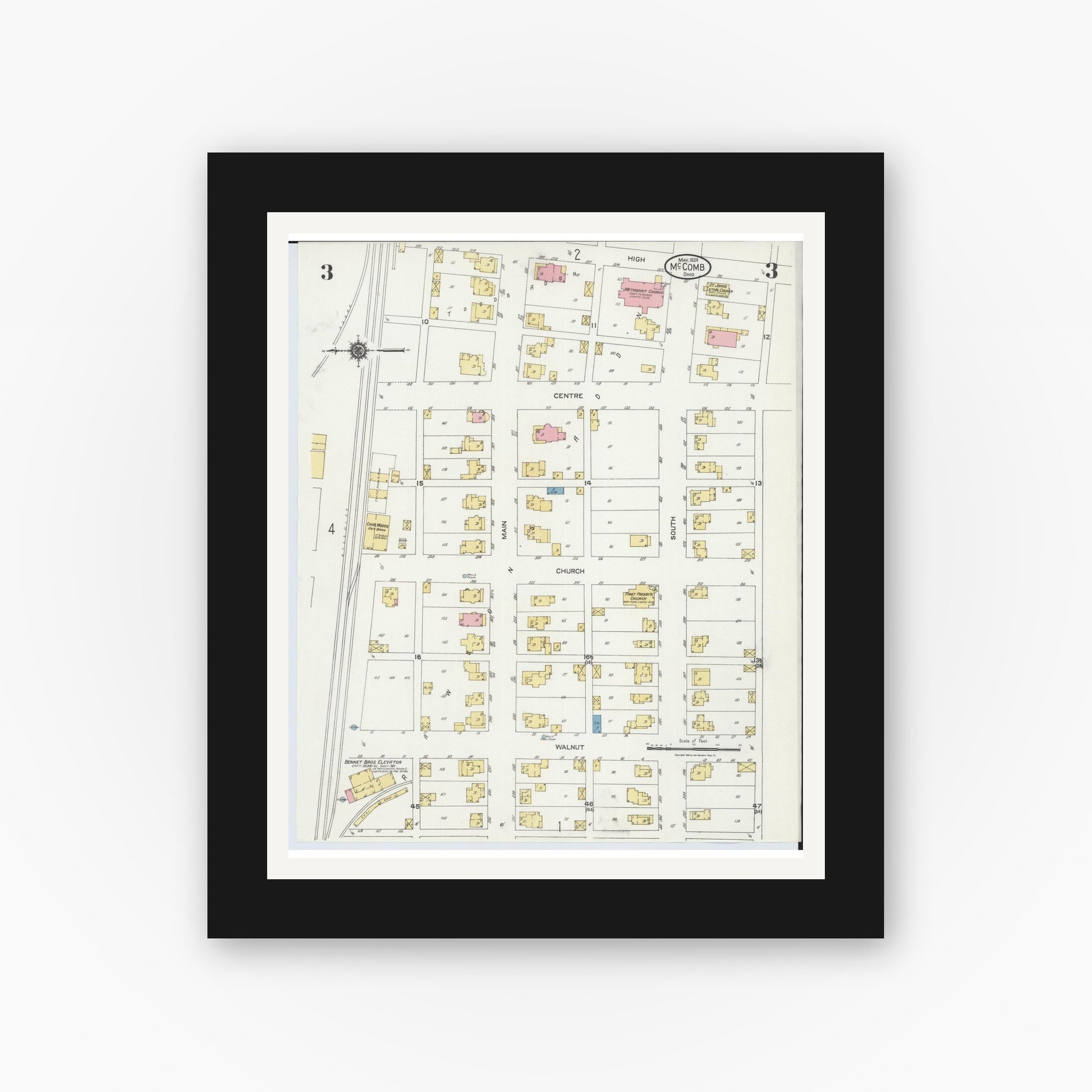 Old map wall art mockup — black gallery frame with white mat — Sanborn Fire Insurance Map from McComb, Hancock County, Ohio (1924), Sheet #0003