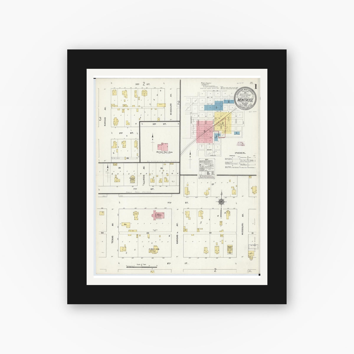 Old map wall art mockup — black gallery frame with white mat — Sanborn Fire Insurance Map from Montrose, Henry County, Missouri (1910) - Complete Map Set