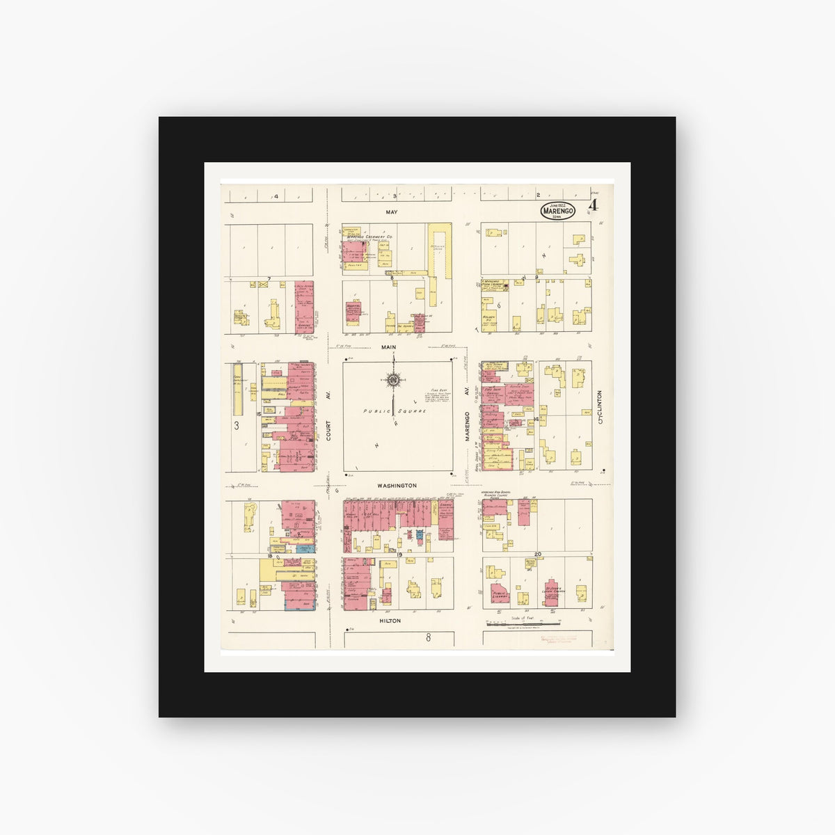 Old map wall art mockup — black gallery frame with white mat — Sanborn Fire Insurance Map from Marengo, Iowa County, Iowa (1922), Sheet #0004