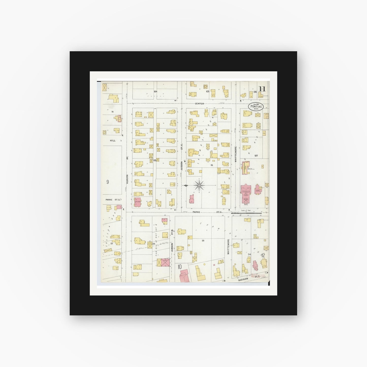 Old map wall art mockup — black gallery frame with white mat — Sanborn Fire Insurance Map from Pontiac, Oakland County, Michigan (1903), Sheet #0011