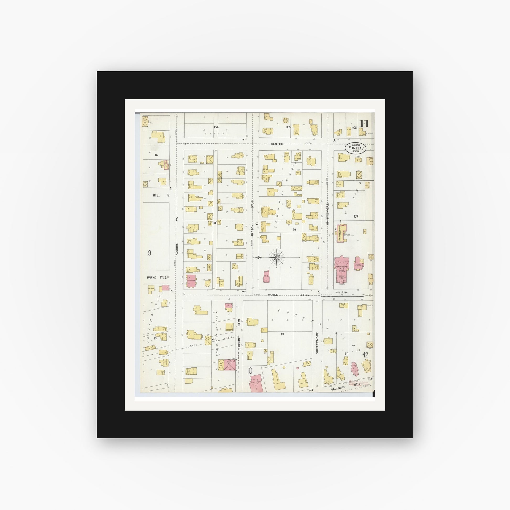 Old map wall art mockup — black gallery frame with white mat — Sanborn Fire Insurance Map from Pontiac, Oakland County, Michigan (1903), Sheet #0011