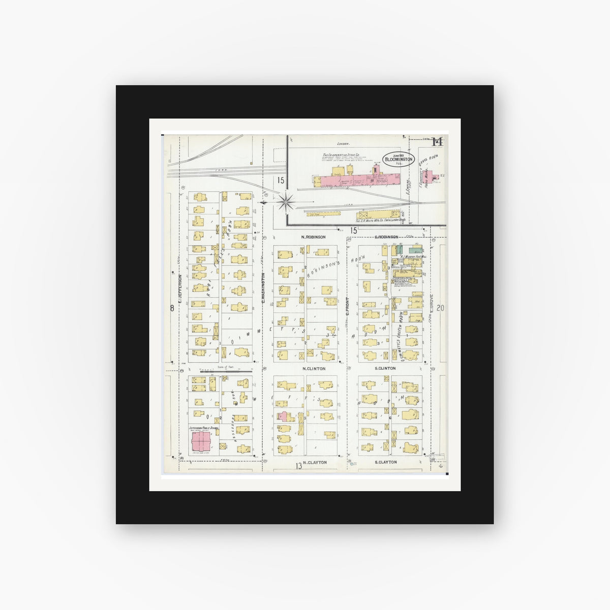 Old map wall art mockup — black gallery frame with white mat — Sanborn Fire Insurance Map from Bloomington, McLean County, Illinois (1901), Sheet #0014