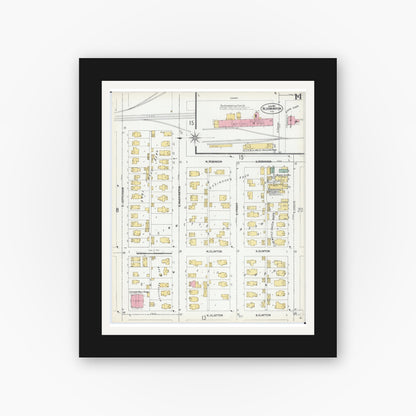 Old map wall art mockup — black gallery frame with white mat — Sanborn Fire Insurance Map from Bloomington, McLean County, Illinois (1901), Sheet #0014