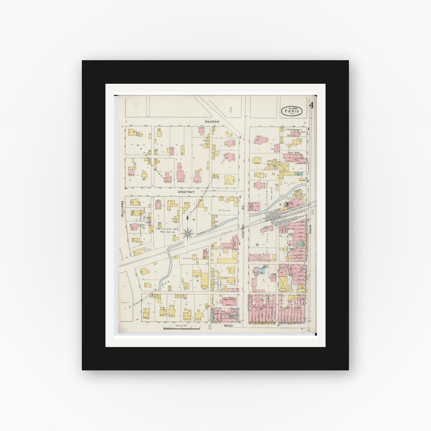 Old map wall art mockup — black gallery frame with white mat — Sanborn Fire Insurance Map from Paris, Edgar County, Illinois (1895), Sheet #0004